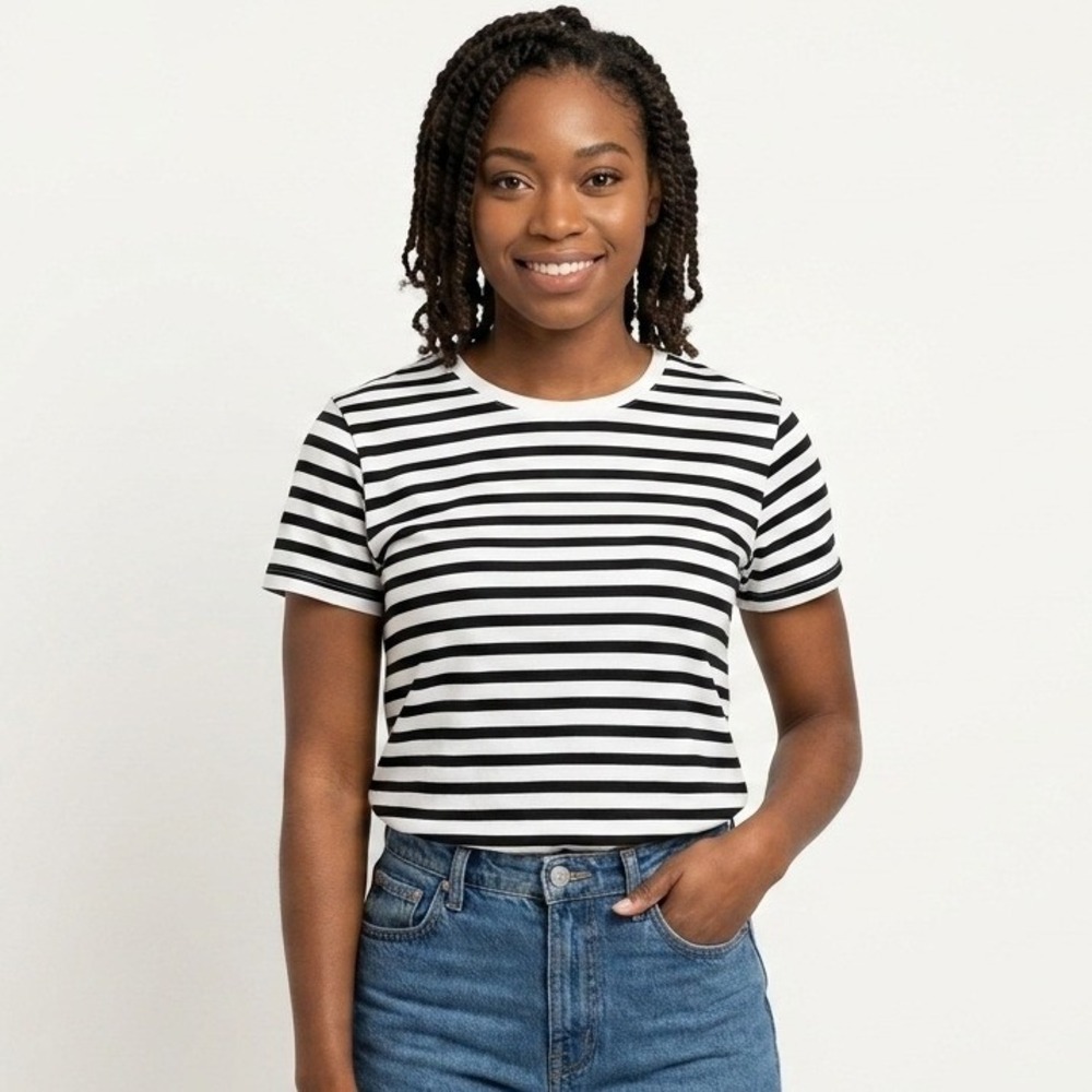 Madewell Top Womens M Black White Striped Short Sleeve Crewneck Casual Tee NY733